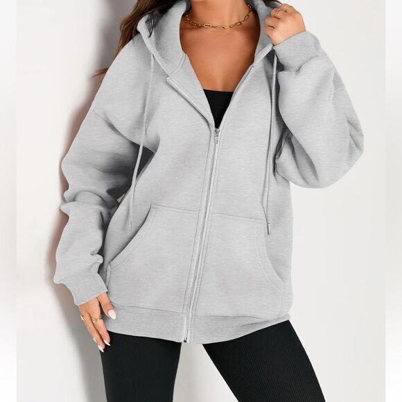 EFAN Women's Drawstring Zip Up Cute Hoodies Jacket Medium, Grey - Picture 2 of 8